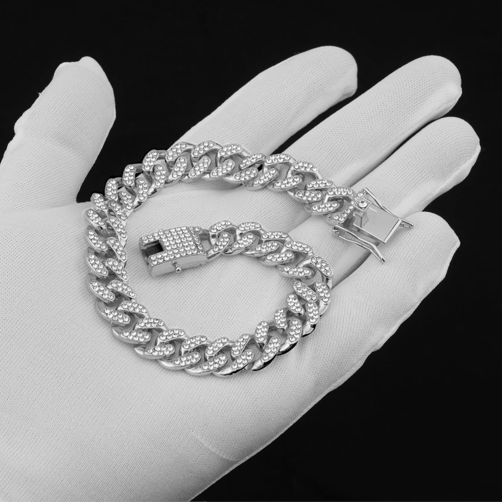 Dog Chain Collar - Silver Diamond Cuban Link 13mm Wide Necklace for Pets