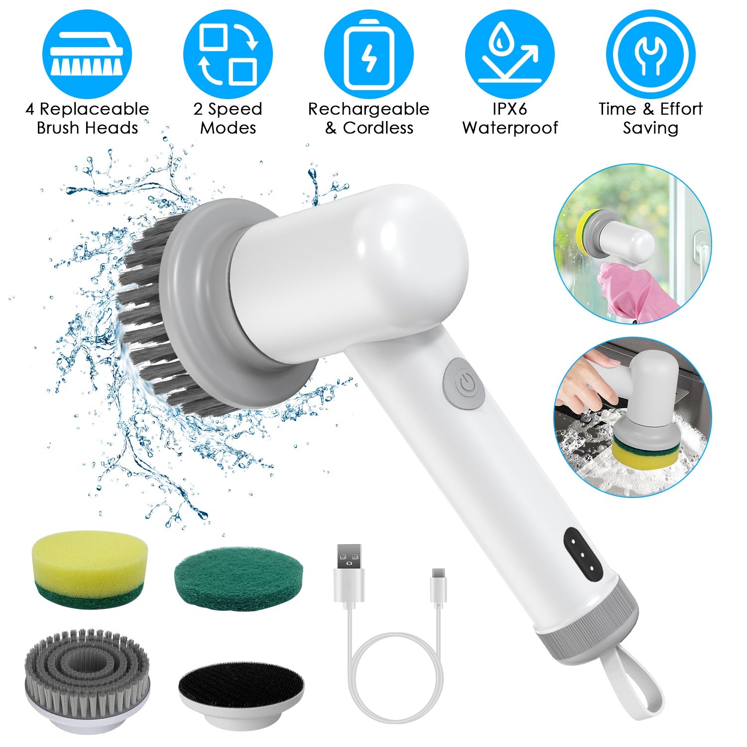 Electric Handheld Spin Scrubber - Cordless Cleaning Brush with 2 Speeds