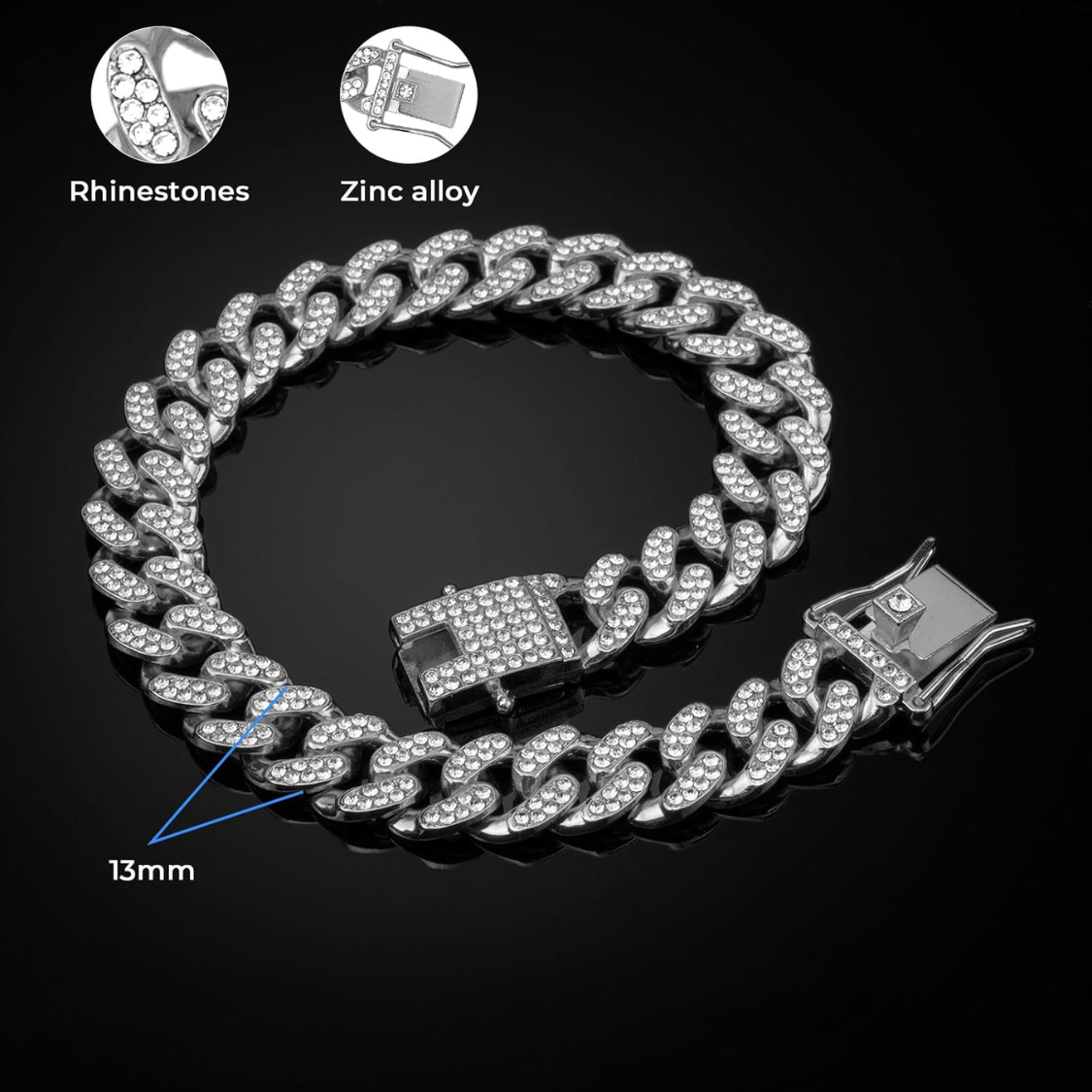 Dog Chain Collar - Silver Diamond Cuban Link 13mm Wide Necklace for Pets